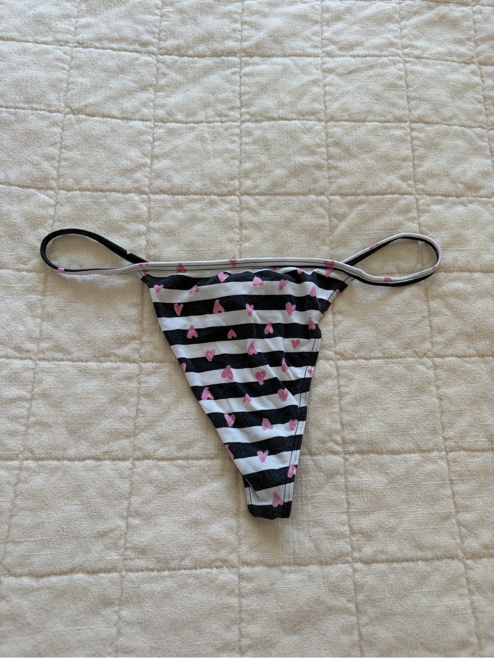 Victoria's Secret Black & White Striped Thong with Pink Heart Accents